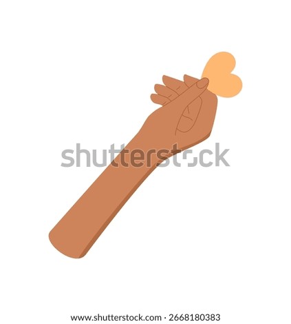 Flat style hand with heart symbol. Open hand gesture holding a heart conveys love, hope, and support. Charity theme showing aid and giving in an abstract, colorful concept artwork.