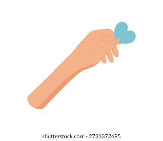 Mano de estilo plano que sostiene un corazón azul. La Imagen transmite caridad, amor y entrega a través de un gesto significativo. Adecuado para temas de voluntariado, Asistencia y organizaciones sin fines de lucro, que simbolizan la ayuda de cuidado.