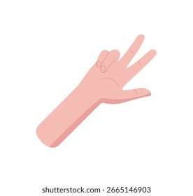 Flat style hand showing the number three sticker. Palm with three fingers raised and thumb folded down. Bare human hand gesture useful for math, counting, or education.