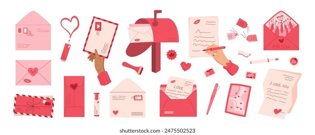 Flat style hand write love letter set, modern cute character send romantic message in envelope, cartoon craft postcard design with heart and lips, trendy romantic post card concept with kiss.