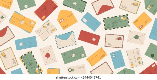 Flacher Stil handgemachte Umschlag Hintergrund, trendige Papier Mail Konzept Illustration, Cartoon Handwerk Postkarte mit Stempeln Banner Vorlage, kreative handschriftliche Postkarte Design mit Wachs Siegel.