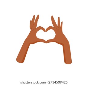 Manos de estilo plano que forman una etiqueta engomada del símbolo de la forma del corazón. Gesto humano que muestra amor y diversidad. Representación de la alianza, la conexión humana y la unión en una comunidad diversa. Perfecto para