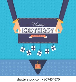 Flat Style Hands Illustration Design. Vector Happy Birthday Ornament Elements. Congratulations, Greeting Message, Celebration, Web Banner or Postcard Template