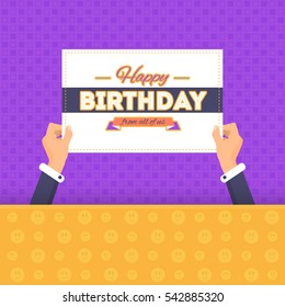 Flat Style Hands Illustration and Typographic Text Design. Vector Happy Birthday Ornament Elements. Congratulations, Message, Celebration, Greeting Card, Web Banner or Postcard Template