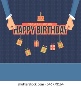 Flat Style Hands Illustration and Typographic Text Design. Vector Happy Birthday Ornament Elements. Congratulations, Message, Celebration, Greeting Card, Web Banner or Postcard Template