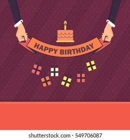 Flat Style Hands Illustration and Typographic Text Design. Vector Happy Birthday Ornament Elements. Congratulations, Message, Celebration, Greeting Card, Web Banner or Postcard Template