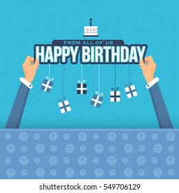 Flat Style Hands Illustration and Typographic Text Design. Vector Happy Birthday Ornament Elements. Congratulations, Message, Celebration, Greeting Card, Web Banner or Postcard Template