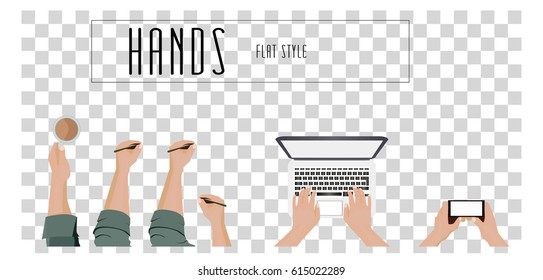 Flat style hands. Hands on laptop. Hand holding phone, holding cup of coffee and writing. 