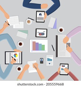 Flat style hands on the table and office workers icons business management meeting and brainstorming in top view vector illustration