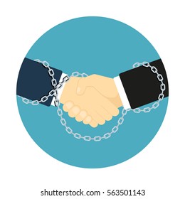 flat style handshake icon, picture of two human hands bound with chains, business partnership concept