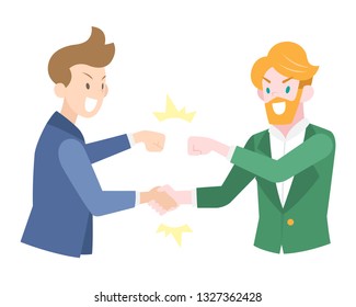 Flat Style Handshaked Businessmen in blue and green suit doing fistbump to each other illustration 