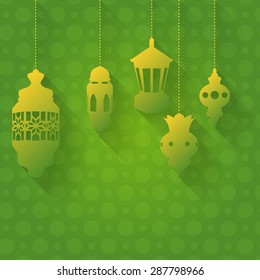 Flat Style Hanging Lamps and Lantern. Ramadan Kareem Theme Background Green Colors Design