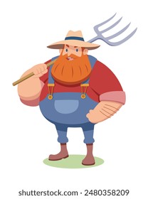 Flat style happy bearded farmer holding rake cartoon illustration