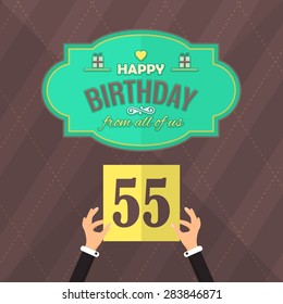 Flat Style Happy Birthday Vector Design. Announcement and Celebration Message Poster, Flyer Age 55