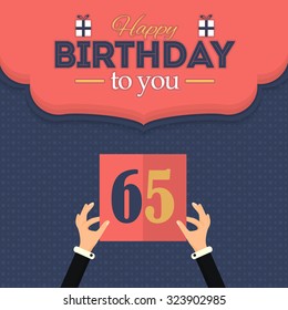 Flat Style Happy Birthday Vector Design. Announcement and Celebration Message Poster, Flyer Age 65