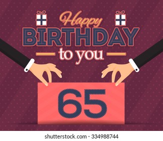 Flat Style Happy Birthday Vector Design. Announcement and Celebration Message Poster, Flyer Age 65