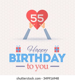 Flat Style Happy Birthday Vector Design. Announcement and Celebration Message Poster, Flyer Age 55