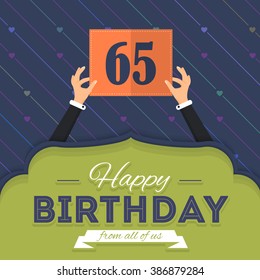 Flat Style Happy Birthday Vector Design. Announcement and Greeting Card, Celebration Message Poster, Flyer Age 65