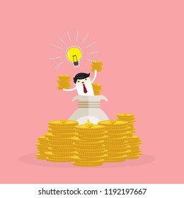 flat style happy business man hold gold coin with blub, Investment concept