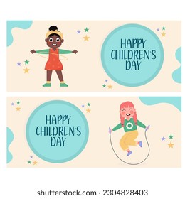 Flat style happy children's day horizontal banners set