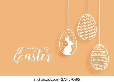 flat style happy easter festive background with bunny cutout and hanging eggs vector 