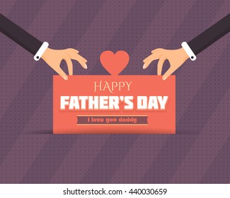 Flat Style Happy Father's Day Lettering, Hands Hold Greeting Card Illustration