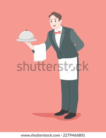 Flat style happy handsome waiter cartoon illustration
