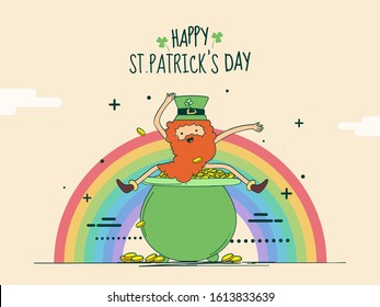 Flat Style Happy St. Patrick's Day Poster Design with Funny Cartoon Leprechaun Sitting on Coins Pot with Rainbow View.