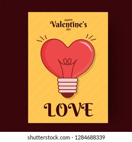 Flat style happy valentine'day greeting card design with illustration of heart shape bulb on yellow background.