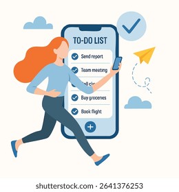 Flat Style Happy Woman Checking To Do List on Smartphone Illustration