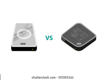 Flat style HDD Vs SSD with internal cutaway to show parts. Hard disk Drive versus  Solid State Drive. Editable Clip Art.
