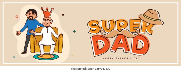 Flat style header or banner design with illustration of son presenting award to his father for Super Dad, Happy Father's Day celebration concept.