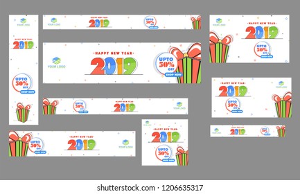 Flat style header, banner and template design collection with 50% discount offer for New year 2019 celebration concept.
