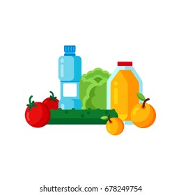 Flat style healthy food vector set illustration: fruits, vegetables, juice and water. Vector healthy food illustration.