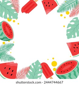 Flat Style Hello Summer Frame or Banner Design Decorated with Watermelon Slices and Parts, Lollipop Ice Cream and Plam Leaves. Summer Sale or Holiday  Concept. Can be printed or used in websites.