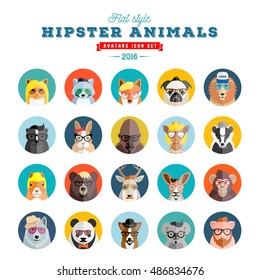 Flat Style Hipster Animals Avatar Vector Icon Set for Social Media or Web Site. Fauna Portraits. Mammals Faces. Isolated.