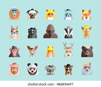 Flat Style Hipster Animals Avatar Vector Portraits or Icon Set for Social Media, Web Sites, etc. On Light Blue Background.