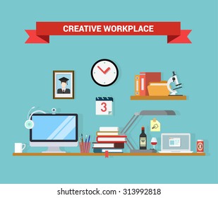 Flat style home office interior computer laptop graduate student workplace objects concept. Outsourcing distant work telework vector conceptual illustration. Web site infographics elements collection.