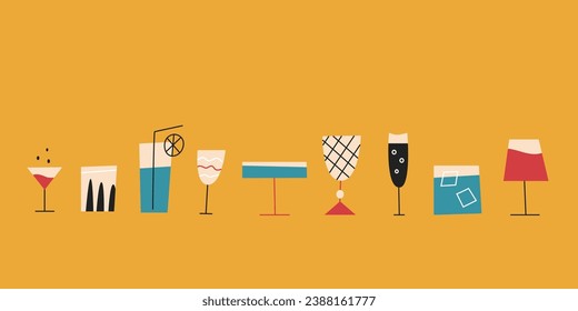 Flat style horizontal banner with colorful cocktail glasses and alcoholic drinks on yellow background.	