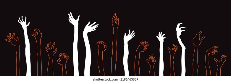 Flat Style, Horror Halloween background with silhouette of zombie hands. Horizontal Halloween banner.