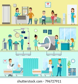 Flat style hospital clinic equipment interior vector set. Doctor, nurse, patient, staff. MRI US ultrasonic ultrasonography magnetic resonance imaging, ward, surgery, surgeon, reception.