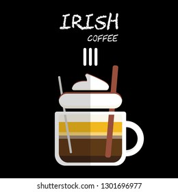 Flat style Hot Irish coffee with whipped cream and chocolate syrup Illustration in vector on square black background.