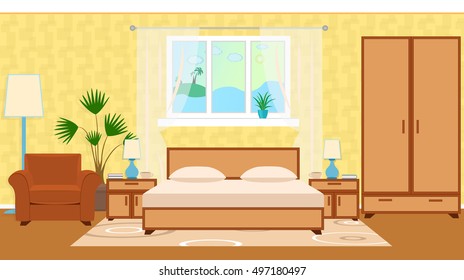 Flat style hotel room interior with furniture, houseplant, ocean views from the window. Vector illustration