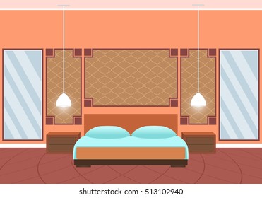 Flat style hotel room interior with furniture and huge mirrors. Vector illustration