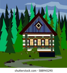 Flat style house in a dense forest. Private estate, the building stands alone. Around wildlife. Colored vector illustration