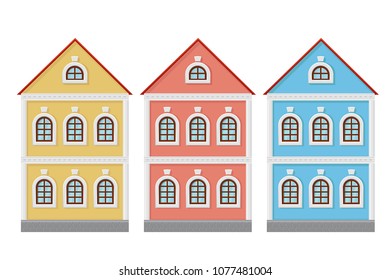 Flat style house. Two-storey colored old european buildings. Vector illustration isolated on white background