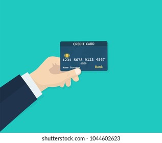 Flat style. Human hand holding with credit card