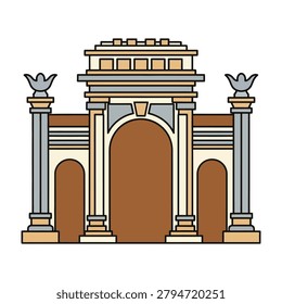 A flat style icon of an ancient triumphal arch featuring symmetrical stone columns and a grand entrance. Perfect for historical, architectural, or travel designs.