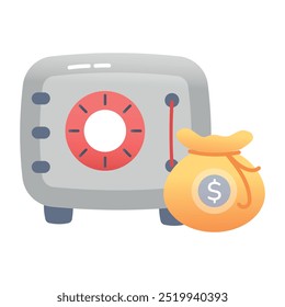 A flat style icon of bank vault with money sack 