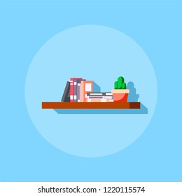 Flat style icon of bookshelve with books and cactus. 
